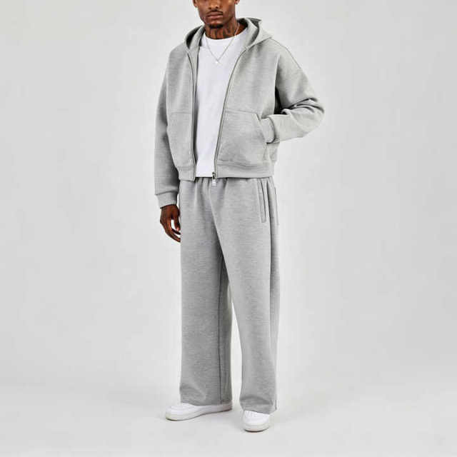 Custom Men Winter Air Layer Fabric Embroidery Boxy Zip-Up Hooded Hoodie Baggy Wide-Leg Pant Side Pockets Oversized Streetwear