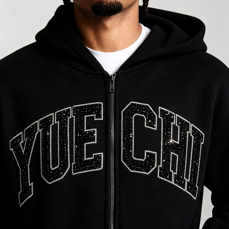 Custom Men Boxy Oversized Full Zip Hoodie Jogger 2 Piece Set Heavyweight 100% Cotton French Terry Rhinestone Tracksuit