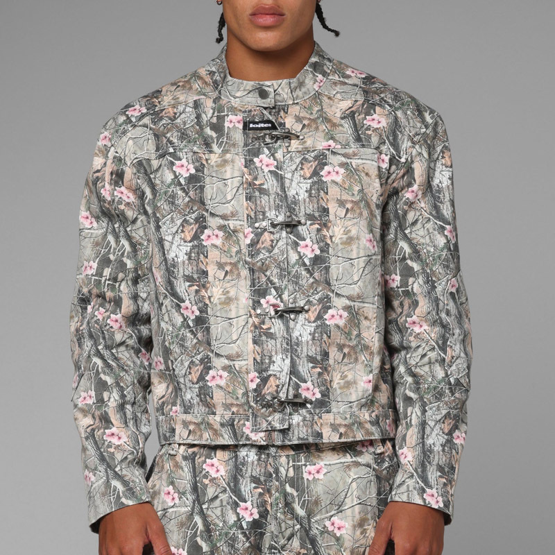 Heavyweight Mens Full Print 2 Piece Outfit Jacket Set Boxy Cropped Stand Collar Fireman Clasp Baggy Wide Leg Cargo Pants Street
