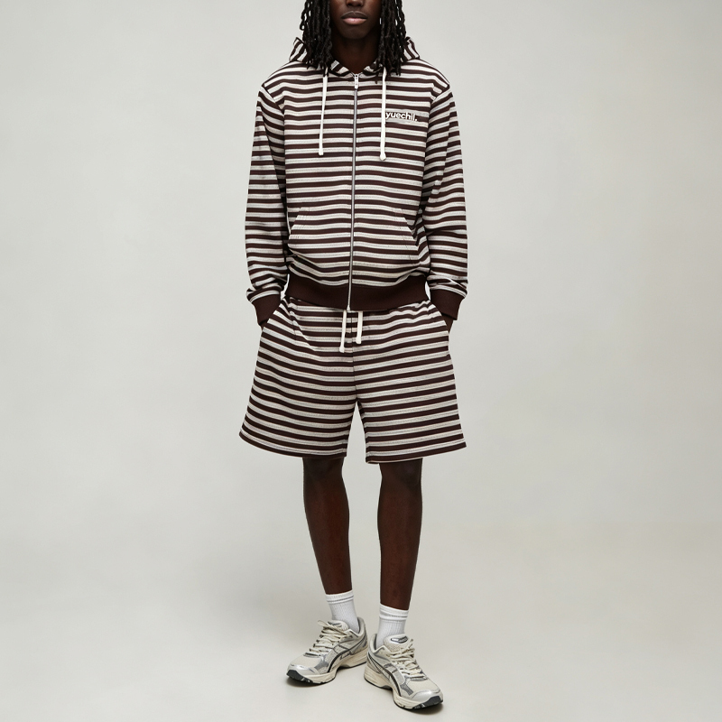 Custom Made Winter Full Zip Hooded Drawstring 2 Pieces Boxy Fit Brown Red Urban Men's Stripe Streetwear Cotton Tracksuit