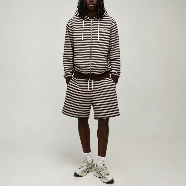 Custom Made Winter Full Zip Hooded Drawstring 2 Pieces Boxy Fit Brown Red Urban Men's Stripe Streetwear Cotton Tracksuit