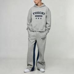 Custom Screen Print Winter Retro Tracksuit 2 Pieces Boxy Fit Wide Leg Heather Grey French Terry Streetwear Men's Sportswear