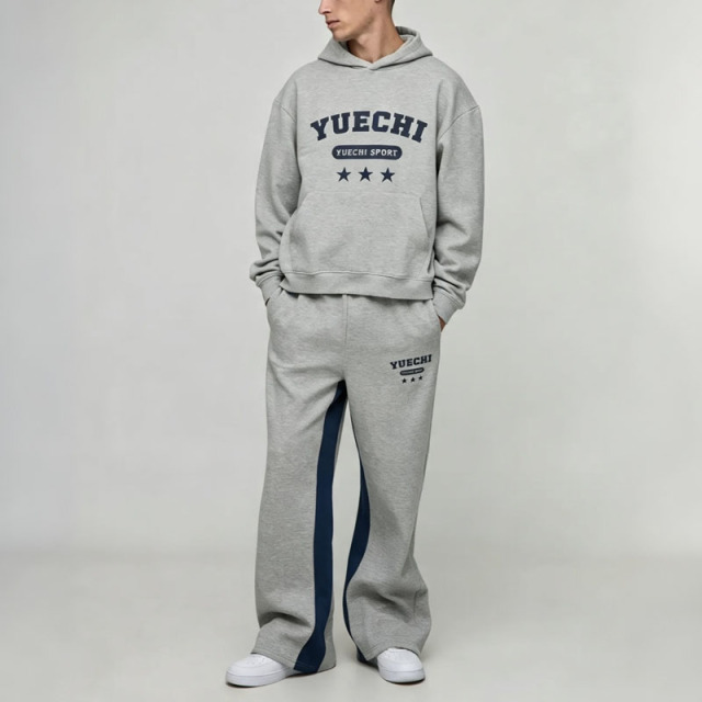 Custom Screen Print Winter Retro Tracksuit 2 Pieces Boxy Fit Wide Leg Heather Grey French Terry Streetwear Men's Sportswear
