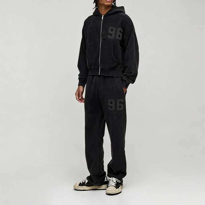 Custom Men Autumn French Terry Shrunken Fit Distressed Washed Zip Hoodie Straight Leg Tracksuit 100% Cotton Applique Streetwear