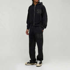 Custom Men Autumn French Terry Shrunken Fit Distressed Washed Zip Hoodie Straight Leg Tracksuit 100% Cotton Applique Streetwear