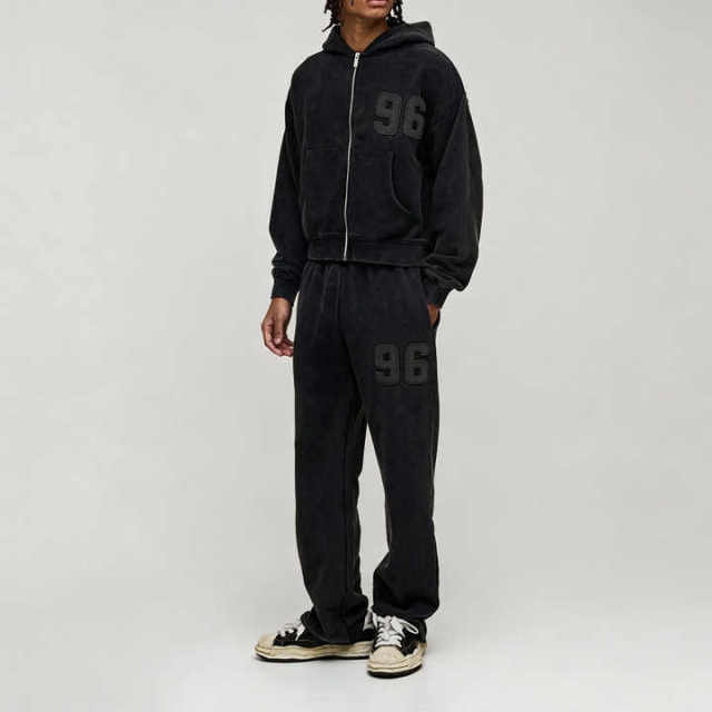 Custom Men Autumn French Terry Shrunken Fit Distressed Washed Zip Hoodie Straight Leg Tracksuit 100% Cotton Applique Streetwear