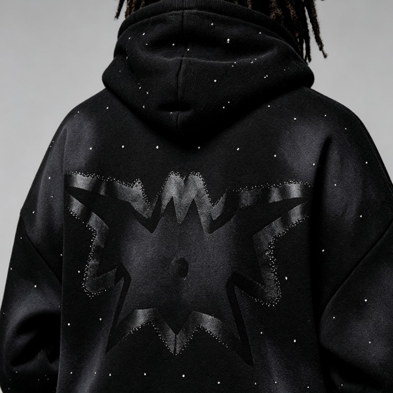 Custom Made Rhinestone Studded Heavyweight French Terry 2-Piece Full-Zip Boxy Fit Cropped Wide-Leg Men's Black Winter Streetwear