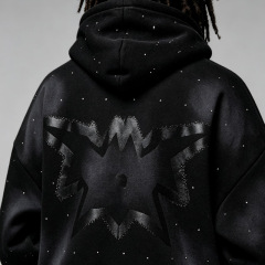 Custom Made Rhinestone Studded Heavyweight French Terry 2-Piece Full-Zip Boxy Fit Cropped Wide-Leg Men's Black Winter Streetwear