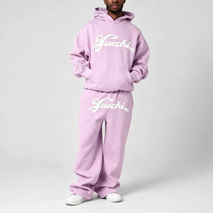 Custom 100% Cotton Fleece Mens Drop Shoulder Hooded 2 Piece Set Oversized Baggy Screen Print Wide Leg Tracksuit Light Purple