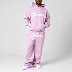 Custom 100% Cotton Fleece Mens Drop Shoulder Hooded 2 Piece Set Oversized Baggy Screen Print Wide Leg Tracksuit Light Purple