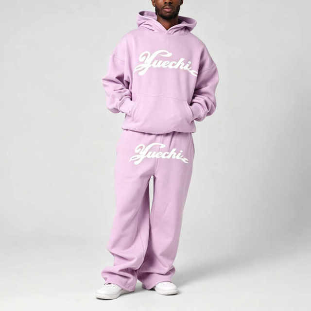 Custom 100% Cotton Fleece Mens Drop Shoulder Hooded 2 Piece Set Oversized Baggy Screen Print Wide Leg Tracksuit Light Purple