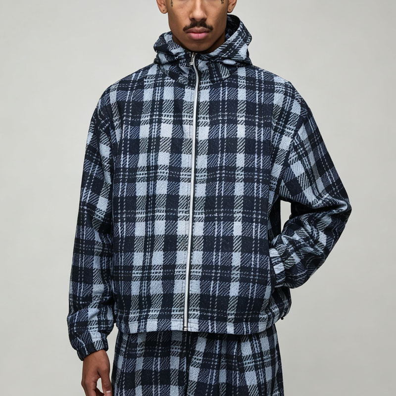 Custom Regular Fit Nylon Check 2 Pieces Zip up Hooded Cotton Polyester Plaid Blue Black Streetwear Men's Flannel Tracksuit Set