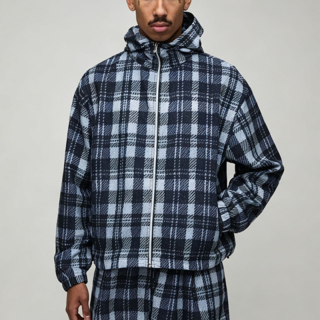 Custom Regular Fit Nylon Check 2 Pieces Zip up Hooded Cotton Polyester Plaid Blue Black Streetwear Men's Flannel Tracksuit Set