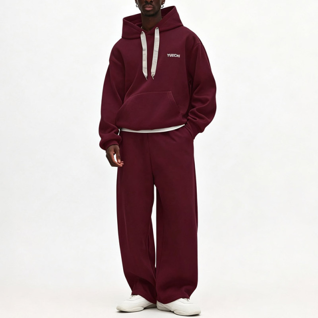 Custom Men Heavyweight Fleece Lined Tracksuit Boxy Hoodie Wide Leg Sweatpants Letter Embroidery Drawstring Hood Streetwear