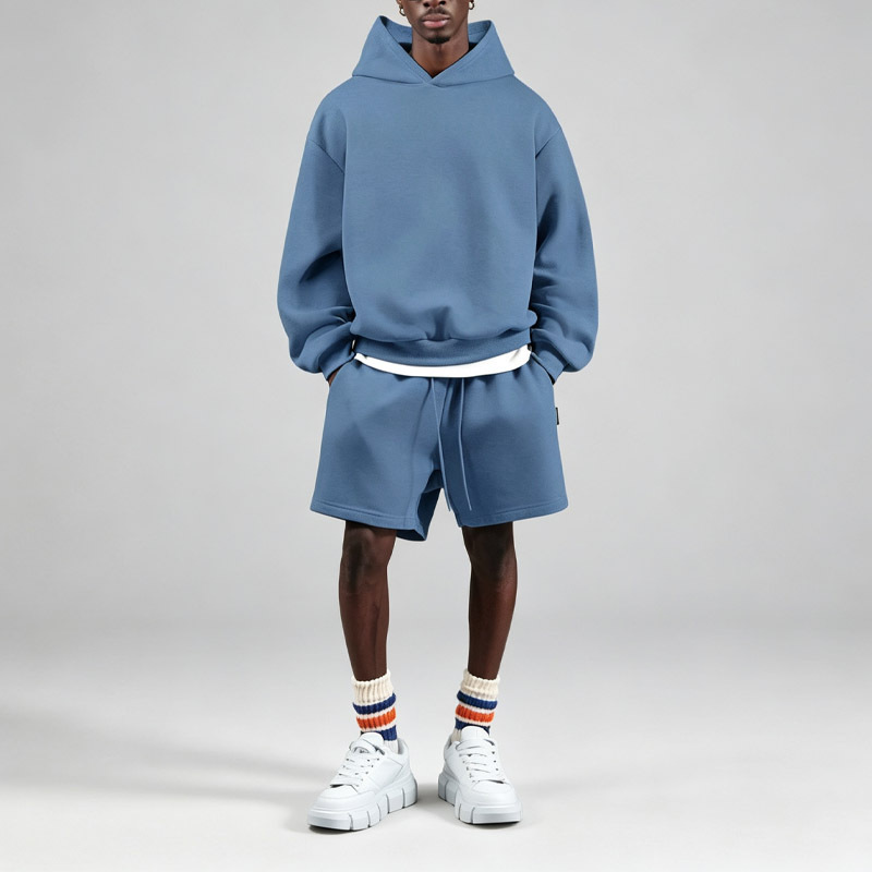 Men Oversized Drop Shoulder Hoodie Short Set Heavyweight Fleece Lined Blank Solid Color Custom Print Embroidery Streetwear