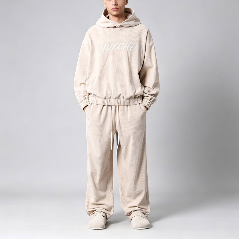 Men's Oversized Hoodie Tracksuit 100% Cotton Fine Wale Corduroy Embroidery Baggy Wide Leg Sweatpants Streetwear Two Piece Set