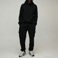 Custom Men's Tall Boxy Hooded Cargo 100% Cotton Solid Tracksuit Oversized Relaxed Silhouette Blank Streetwear Two Piece Set