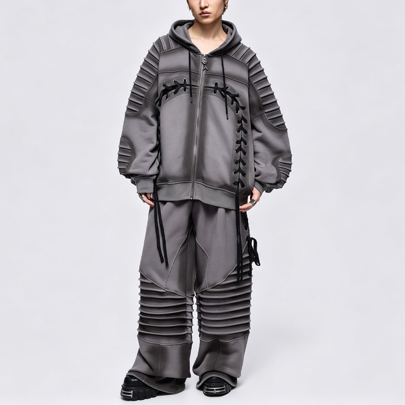 Men's Charcoal Fleece Lined Full Zip Tactical Hoodie Tracksuit Lace up Eyelet Multi Layer Ribbed Sleeve Wide Leg Streetwear Set