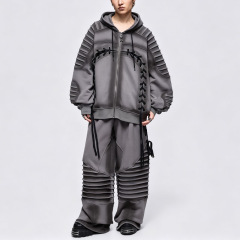 Men's Charcoal Fleece Lined Full Zip Tactical Hoodie Tracksuit Lace up Eyelet Multi Layer Ribbed Sleeve Wide Leg Streetwear Set