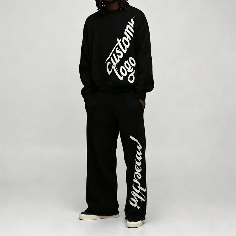 Custom Chenille Embroidery 2-Piece Brushed Knit Boxy Fit Wide Leg Crewneck Pullover Thick Winter Men's Black 100% Cotton