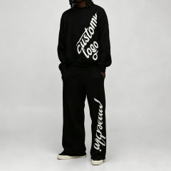 Custom Chenille Embroidery 2-Piece Brushed Knit Boxy Fit Wide Leg Crewneck Pullover Thick Winter Men's Black 100% Cotton