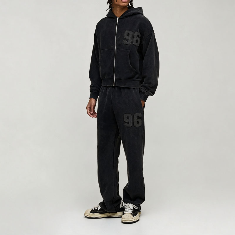 Custom Men Autumn French Terry Shrunken Fit Distressed Washed Zip Hoodie Straight Leg Tracksuit 100% Cotton Applique Streetwear
