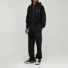 Custom Men Autumn French Terry Shrunken Fit Distressed Washed Zip Hoodie Straight Leg Tracksuit 100% Cotton Applique Streetwear
