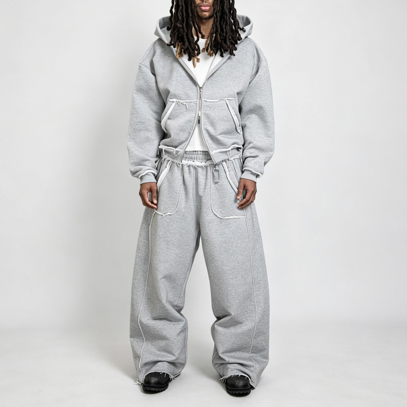 Custom Men's Heather Grey 100% Cotton French Terry Distressed Raw Edge Double Zip Cropped Hoodie Wide Leg Sweatpants Tracksuit