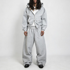 Custom Men's Heather Grey 100% Cotton French Terry Distressed Raw Edge Double Zip Cropped Hoodie Wide Leg Sweatpants Tracksuit