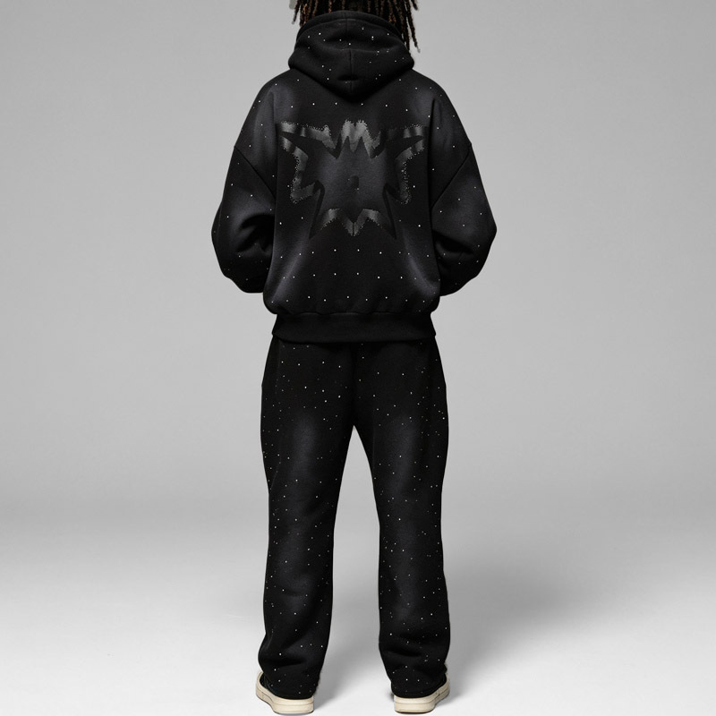 Custom Made Rhinestone Studded Heavyweight French Terry 2-Piece Full-Zip Boxy Fit Cropped Wide-Leg Men's Black Winter Streetwear