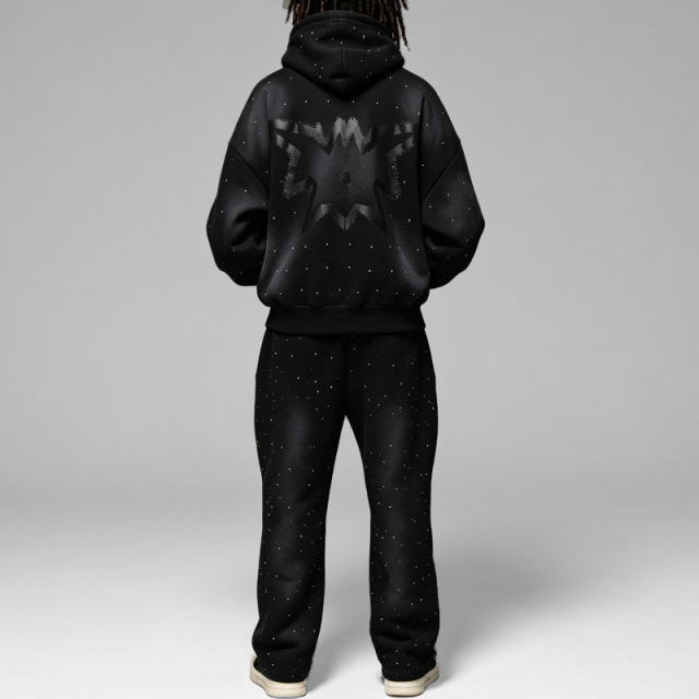 Custom Made Rhinestone Studded Heavyweight French Terry 2-Piece Full-Zip Boxy Fit Cropped Wide-Leg Men's Black Winter Streetwear