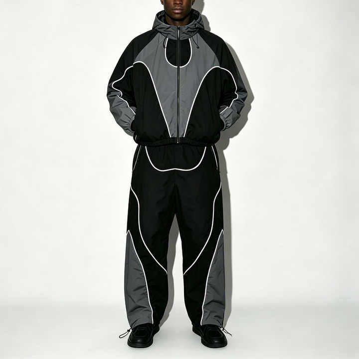 Custom Mens Color Block Contrast Piping Windbreaker Tracksuit Nylon Polyester Zip up Hooded Jacket and Wide Leg Pant Set
