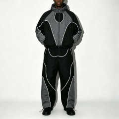 Custom Mens Color Block Contrast Piping Windbreaker Tracksuit Nylon Polyester Zip up Hooded Jacket and Wide Leg Pant Set