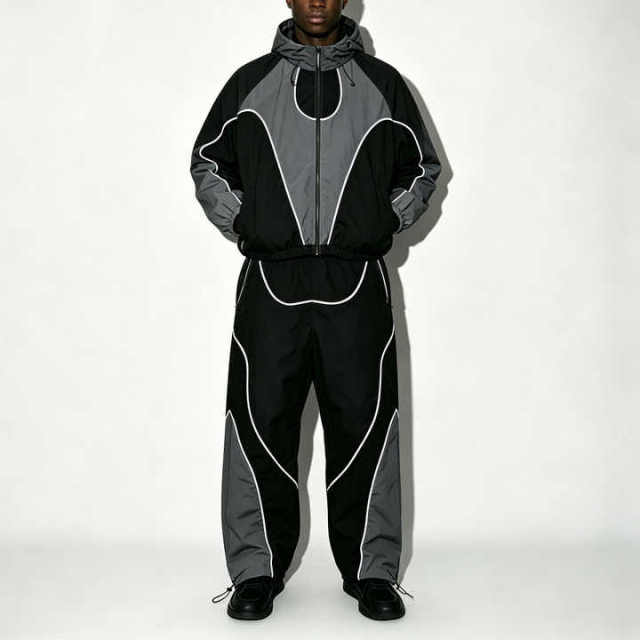 Custom Mens Color Block Contrast Piping Windbreaker Tracksuit Nylon Polyester Zip up Hooded Jacket and Wide Leg Pant Set