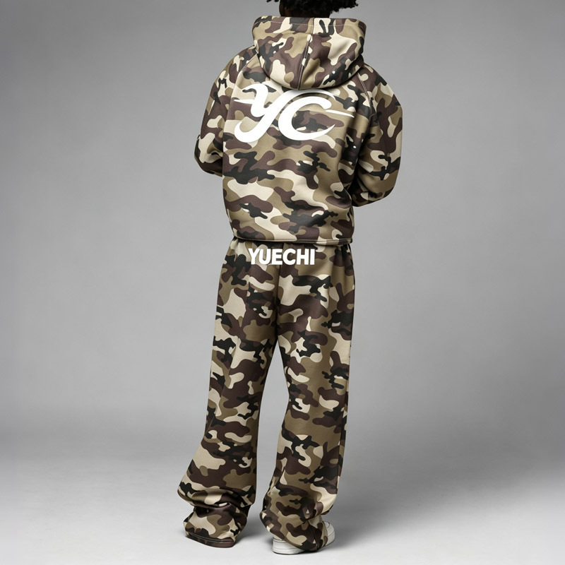 Men Full Zip up Hooded Tracksuit DTG Full Camo Print Raglan Sleeve Chenille Embroidery Screen Print Oversized Street 2 Piece Set