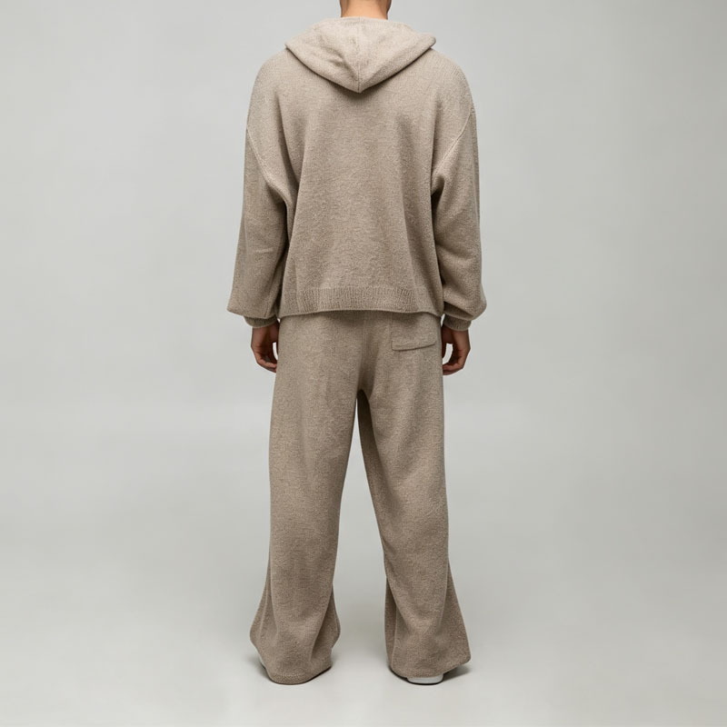 Custom Made Boucle Knit 2 Pieces Boxy Fit Wide Leg Screen Printing Pullover Hooded Streetwear Men's Casual Tracksuit Set
