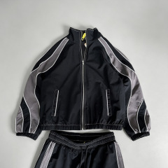 Custom Men Woven Nylon Full Zip Hooded Tracksuit Contrast Piping Breathable Mesh Lining Relaxed Fit Lightweight Two Piece Set