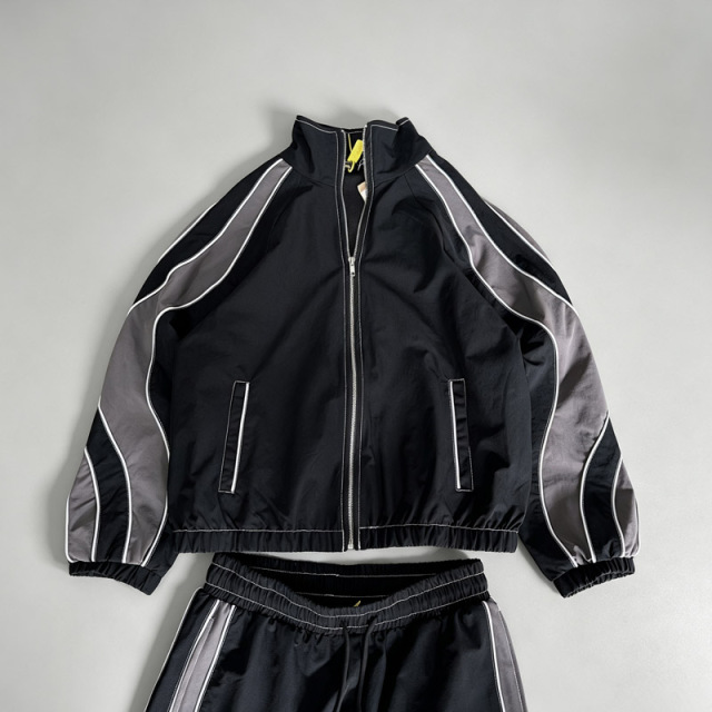 Custom Men Woven Nylon Full Zip Hooded Tracksuit Contrast Piping Breathable Mesh Lining Relaxed Fit Lightweight Two Piece Set