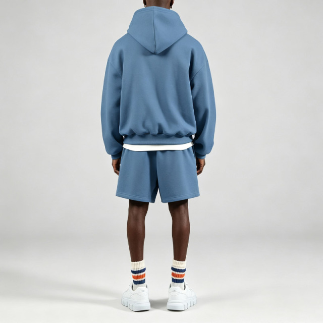 Men Oversized Drop Shoulder Hoodie Short Set Heavyweight Fleece Lined Blank Solid Color Custom Print Embroidery Streetwear