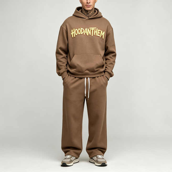 Custom Men's Oversized Boxy Applique Hoodie Wide Leg 100% Cotton French Terry Tracksuit Streetwear Winter Two Piece Set