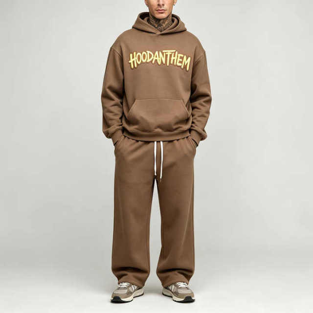 Custom Men's Oversized Boxy Applique Hoodie Wide Leg 100% Cotton French Terry Tracksuit Streetwear Winter Two Piece Set