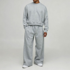 Custom Men's Oversized Boxy Crew Neck Sweatshirt and Wide Leg Jogger Tracksuit 100% Cotton Plain Streetwear Two Piece Set