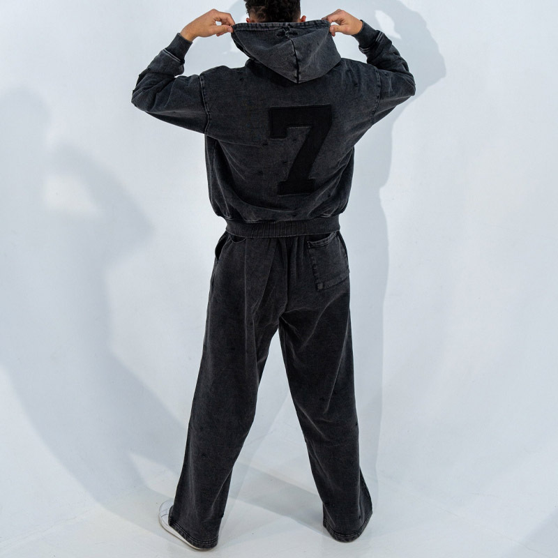 Men's Charcoal Washed 400G Heavyweight Fleece Applique Embroidery Distressed Hoodie Wide Leg Sweatpants Set Cotton Tracksuit