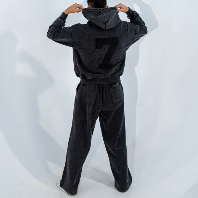 Men's Charcoal Washed 400G Heavyweight Fleece Applique Embroidery Distressed Hoodie Wide Leg Sweatpants Set Cotton Tracksuit