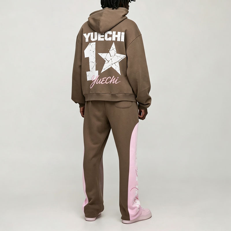 Custom Spray Screen Printing Spliced Contrast Color Panel Boxy Fit Baggy 2 Pieces Brown Pink Fleece Men's Tracksuit Set