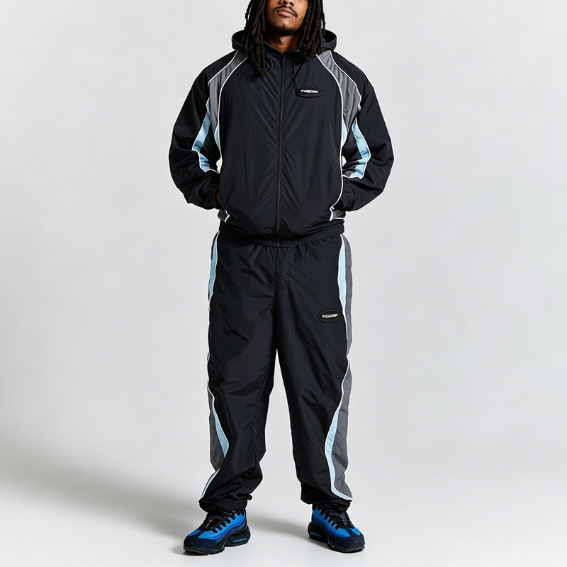 Custom Men Woven Nylon Full Zip Hooded Tracksuit Contrast Piping Breathable Mesh Lining Relaxed Fit Lightweight Two Piece Set