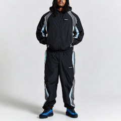 Custom Men Woven Nylon Full Zip Hooded Tracksuit Contrast Piping Breathable Mesh Lining Relaxed Fit Lightweight Two Piece Set