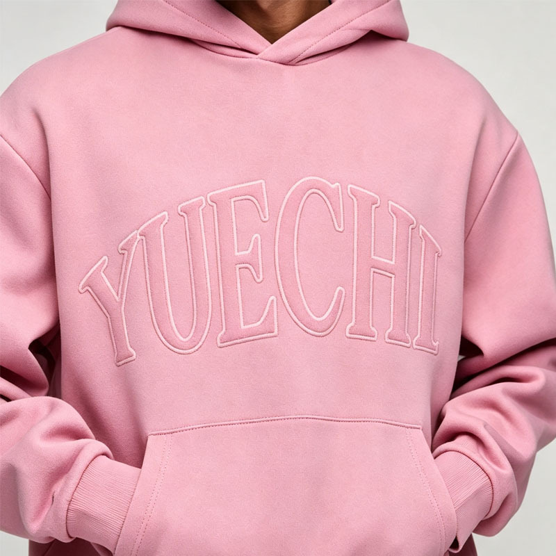 Custom Chenille Embroidery 2 Pieces Pullover Hoodie Wide Leg Pants Pink French Terry Cotton Men's Heavyweight Tracksuit Set