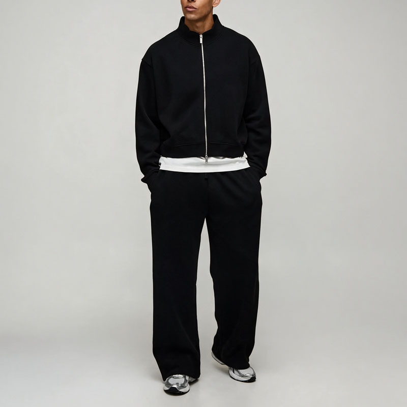 Custom Men Oversized Shrunken Full Zip Sweatshirt and Wide Leg Sweatpants Tracksuit Cotton Brushed Back Casual Two Piece Set