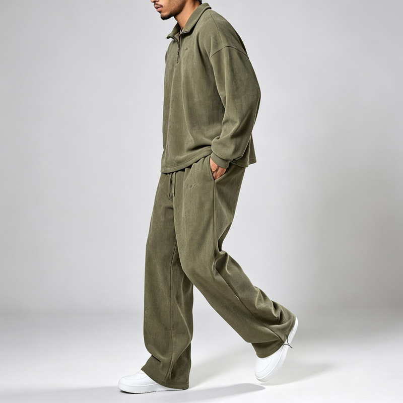 Men Corduroy Casual Two Piece Set Quarter Zip Stand Collar Fleece Lined Sweatshirt Embroidery Loose Fit Streetwear Tracksuit